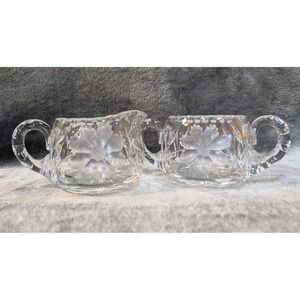 Vintage Pressed Glass Creamer &‎ Sugar Bowl – Frosted Daisy, Scalloped Rim,...